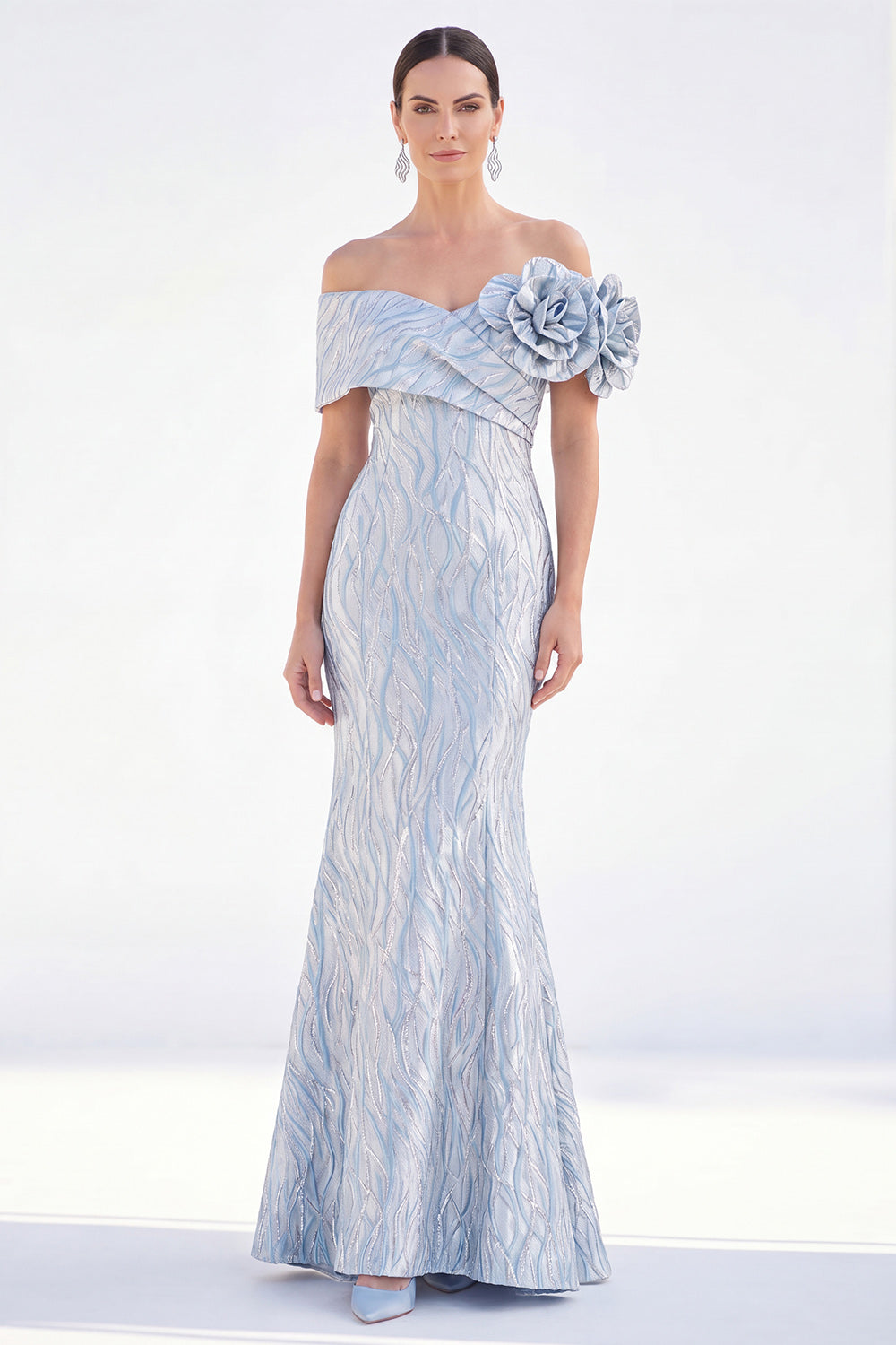 Mermaid Off The Shoulder Light Blue Long Mother of the Bride Dress with 3D Flowers