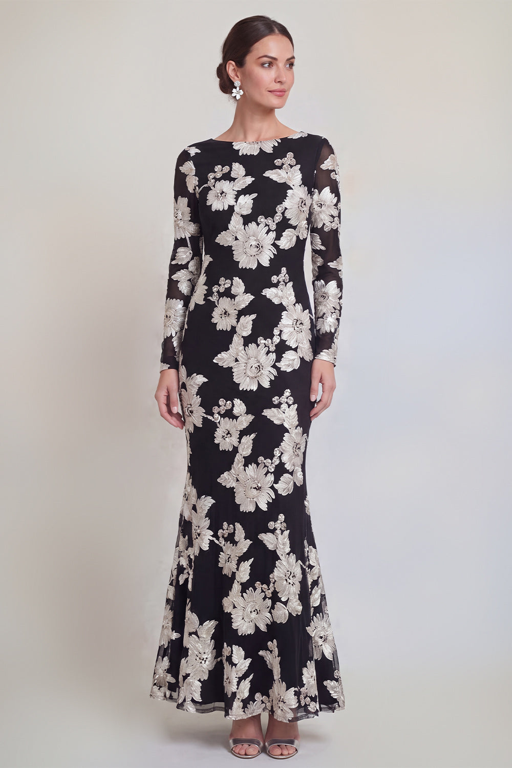 Floral Bateau Neck Navy Mermaid Long Sleeves Mother of the Bride Dress