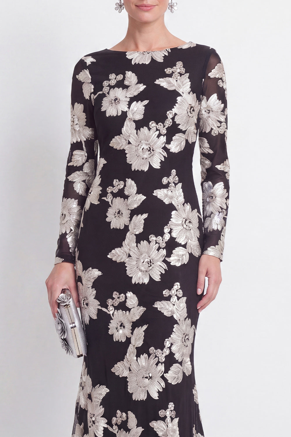 Floral Bateau Neck Navy Mermaid Long Sleeves Mother of the Bride Dress