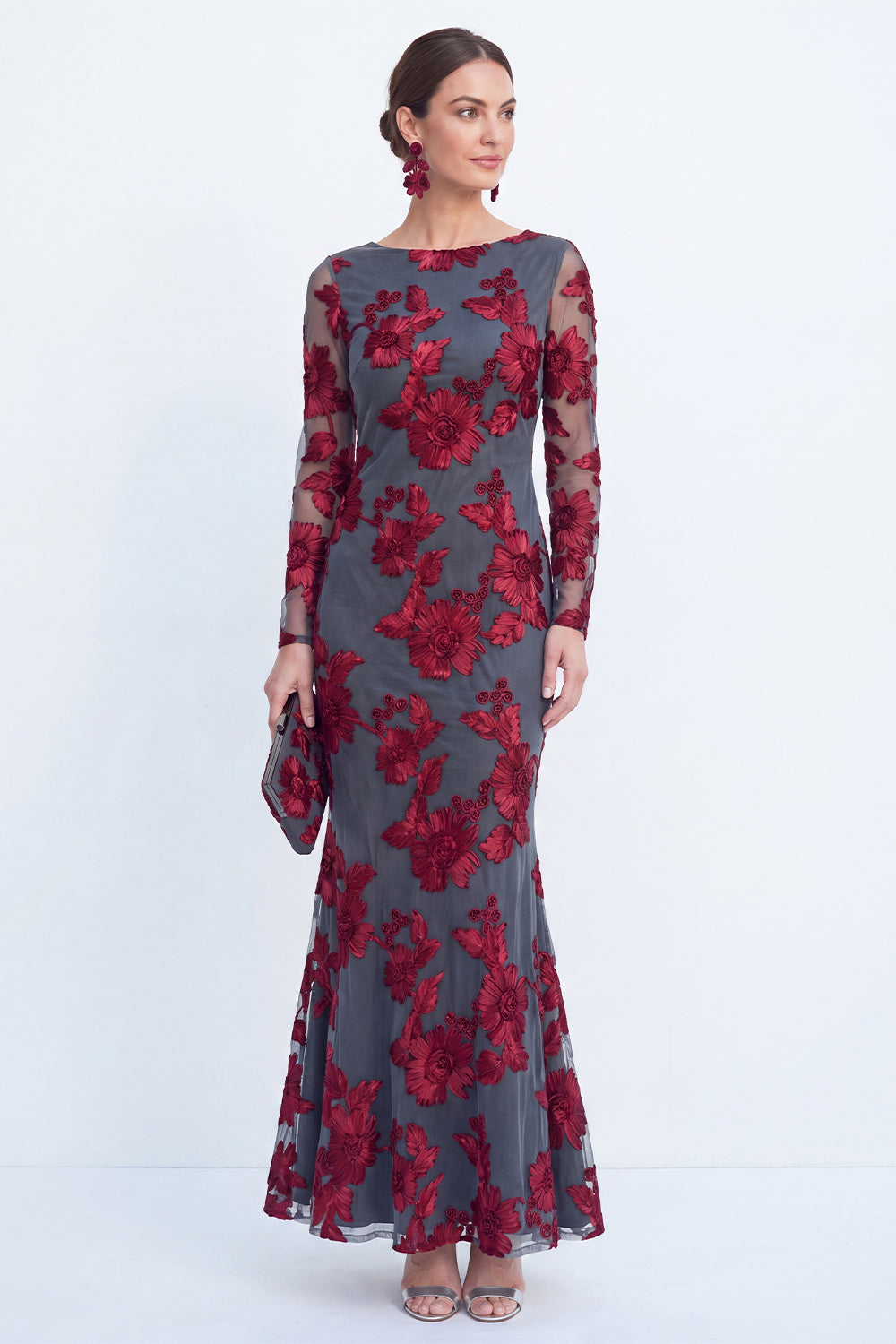 Floral Bateau Neck Navy Mermaid Long Sleeves Mother of the Bride Dress