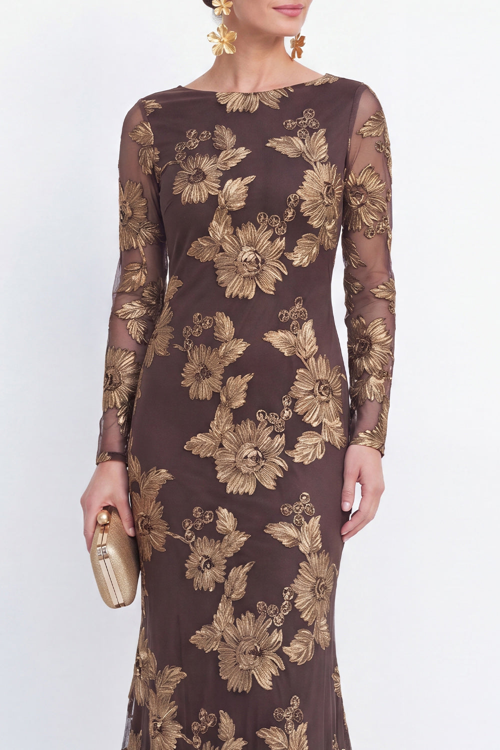 Floral Bateau Neck Navy Mermaid Long Sleeves Mother of the Bride Dress