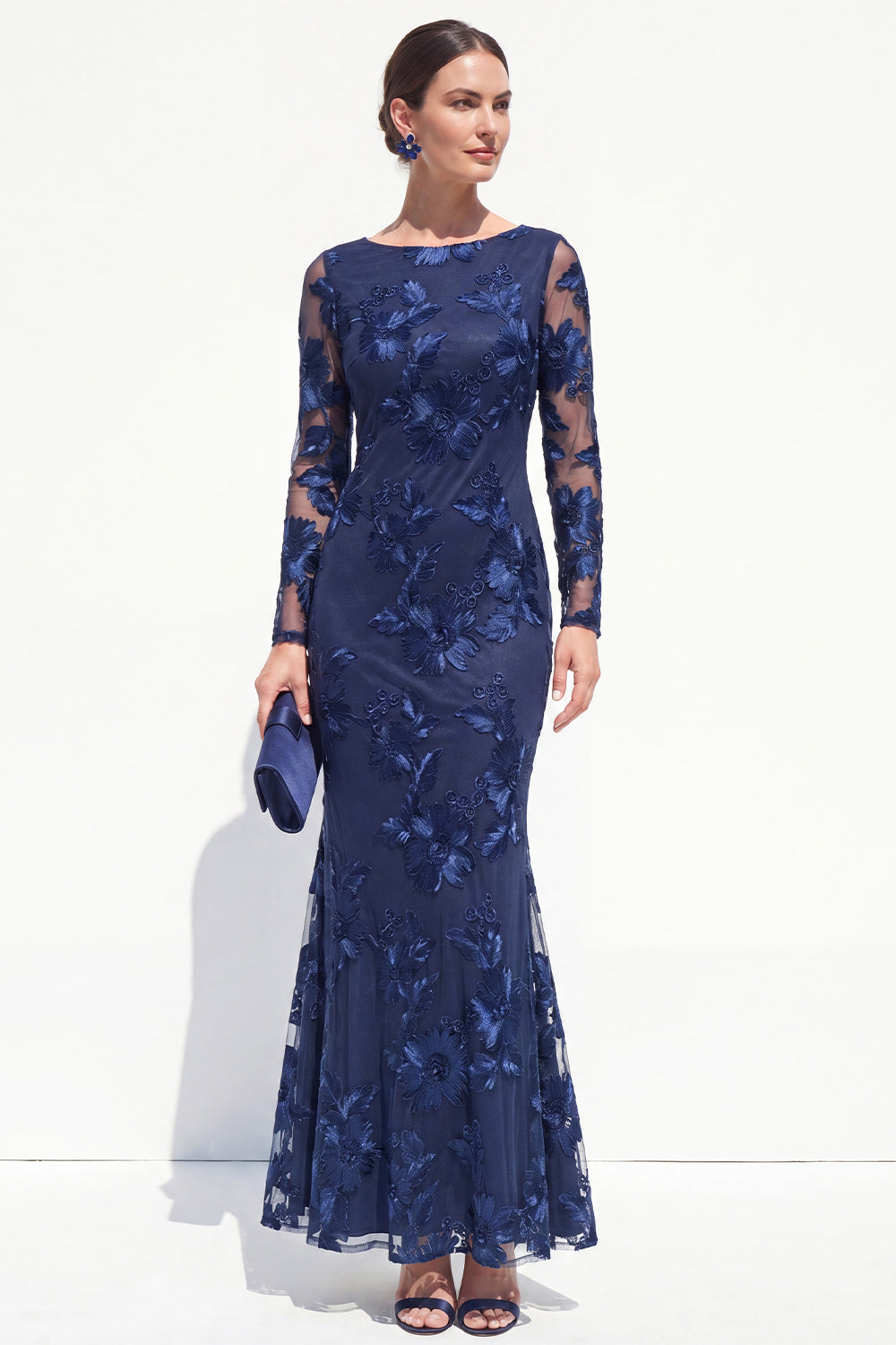 Floral Bateau Neck Navy Mermaid Long Sleeves Mother of the Bride Dress