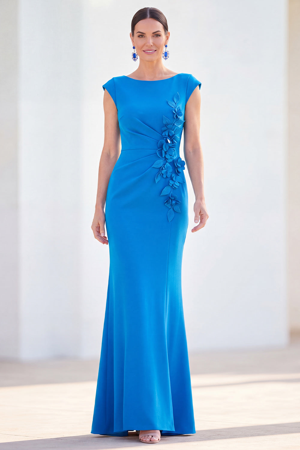 Floral Boat Neck Green Ruched Mermaid Long Mother of the Bride Dress