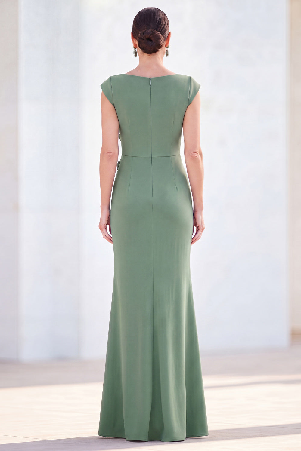 Floral Boat Neck Green Ruched Mermaid Long Mother of the Bride Dress