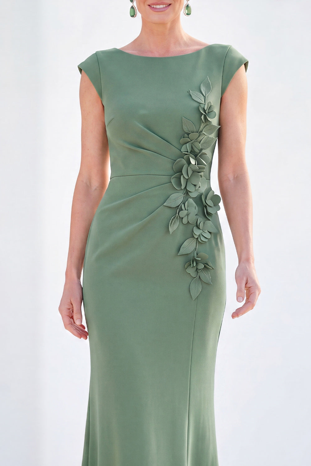 Floral Boat Neck Green Ruched Mermaid Long Mother of the Bride Dress
