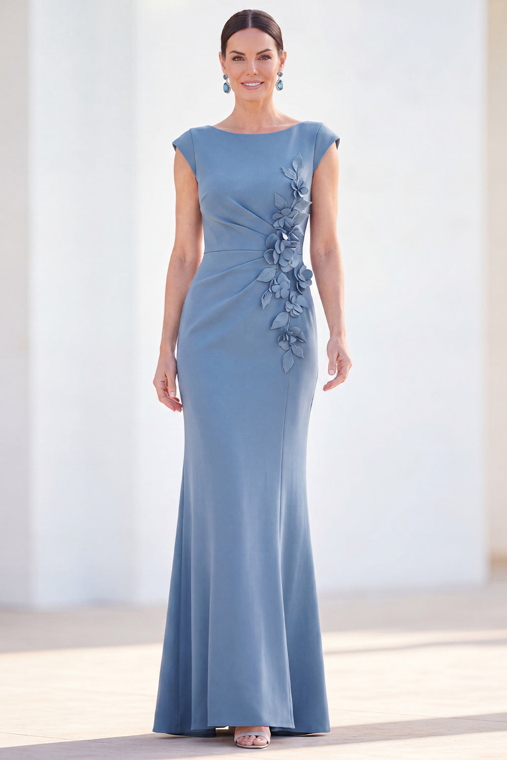 Floral Boat Neck Green Ruched Mermaid Long Mother of the Bride Dress