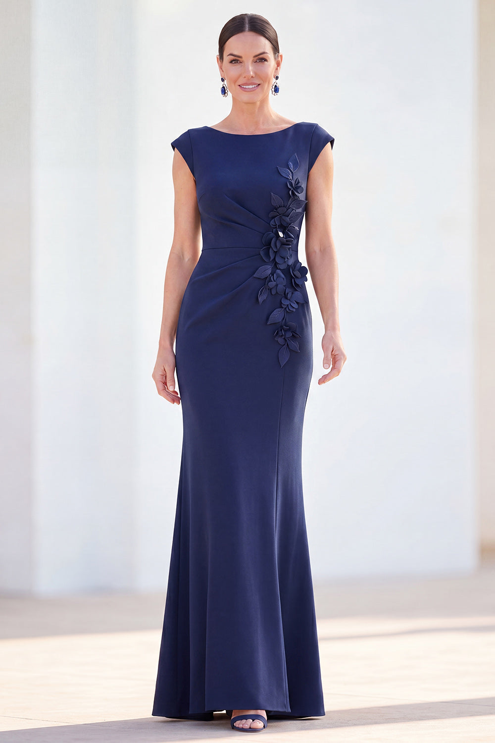 Floral Boat Neck Green Ruched Mermaid Long Mother of the Bride Dress