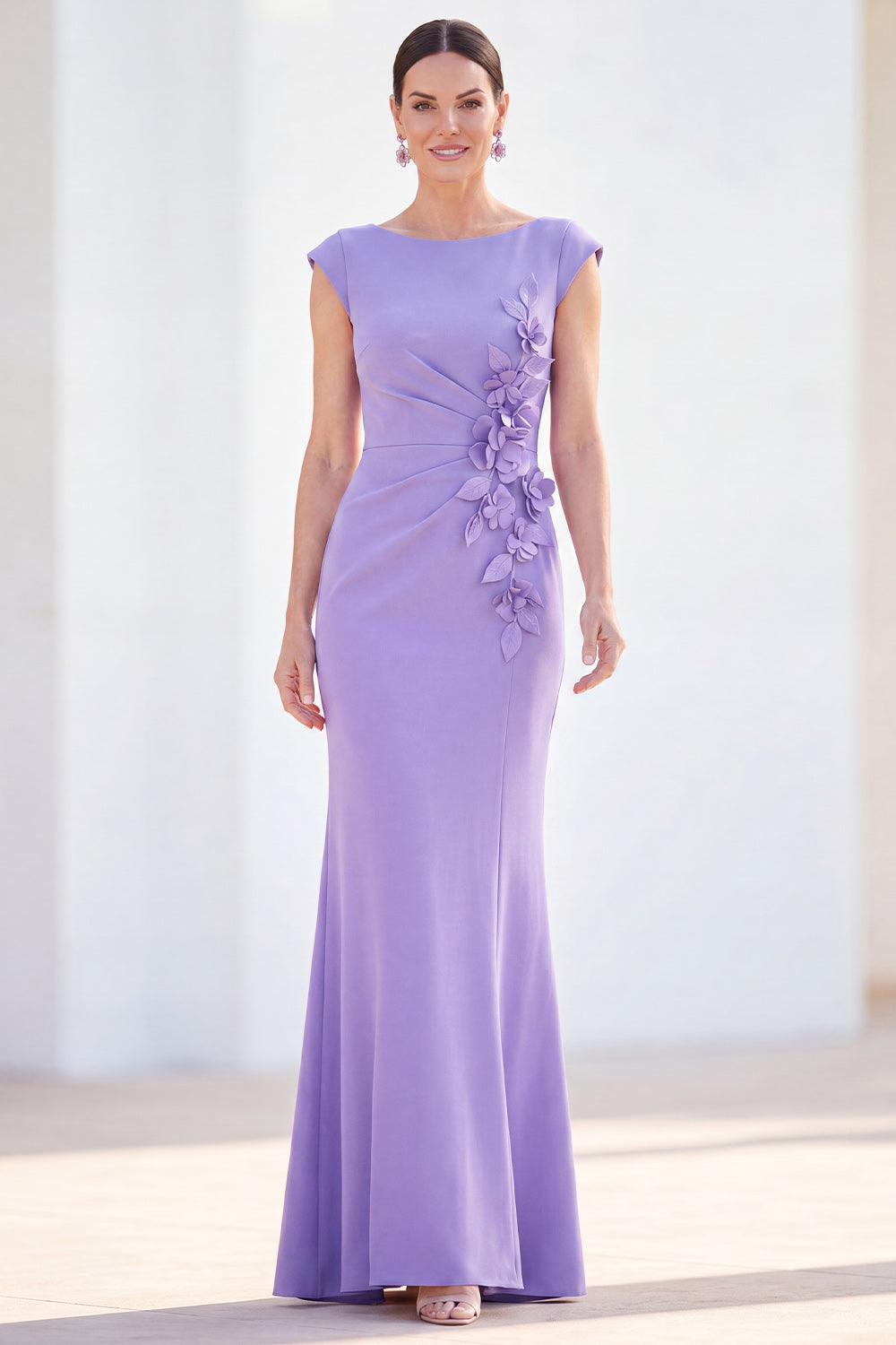 Floral Boat Neck Green Ruched Mermaid Long Mother of the Bride Dress