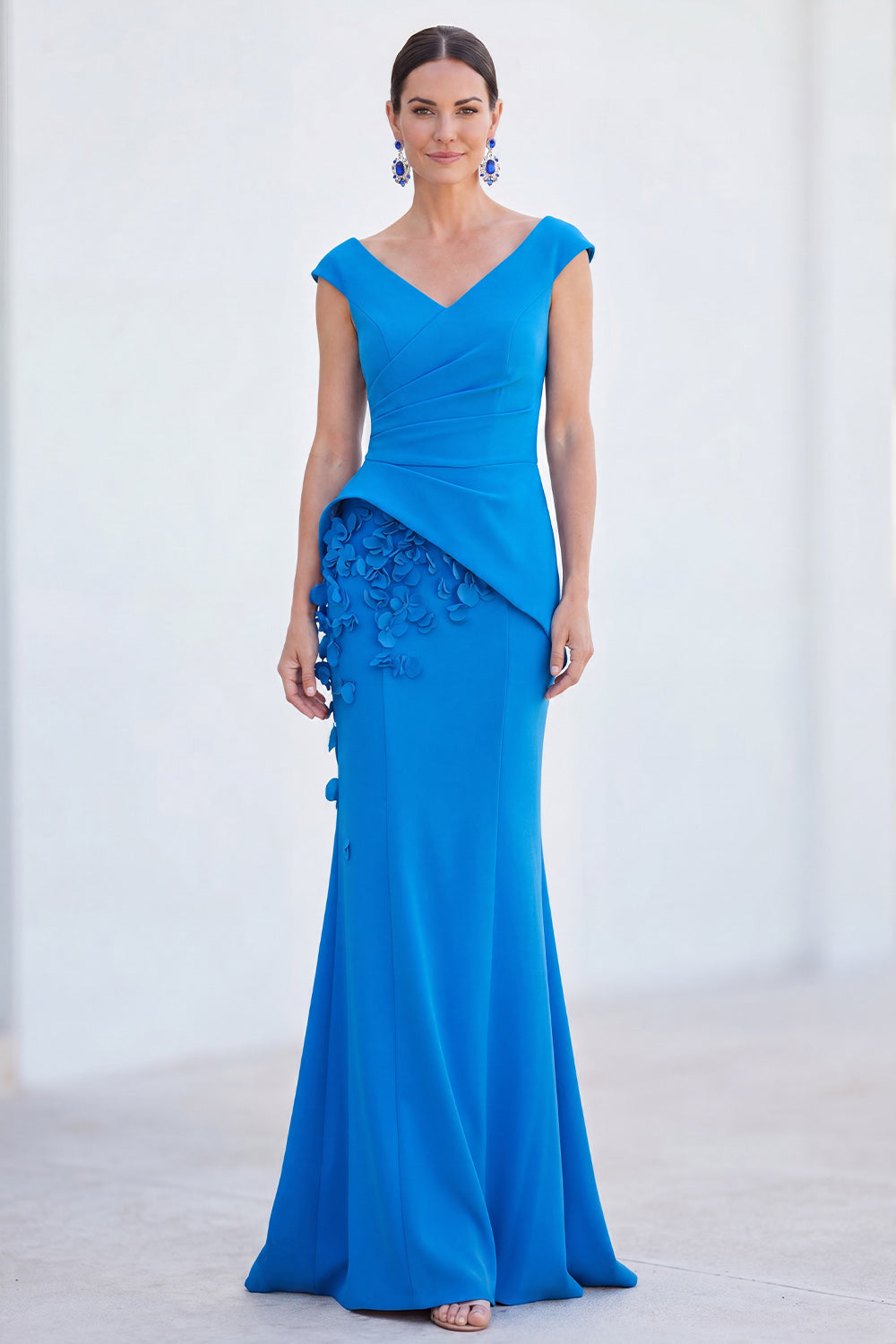Ruched V-Neck Fuchsia Mermaid Long Mother of the Bride Dress with 3D Flowers