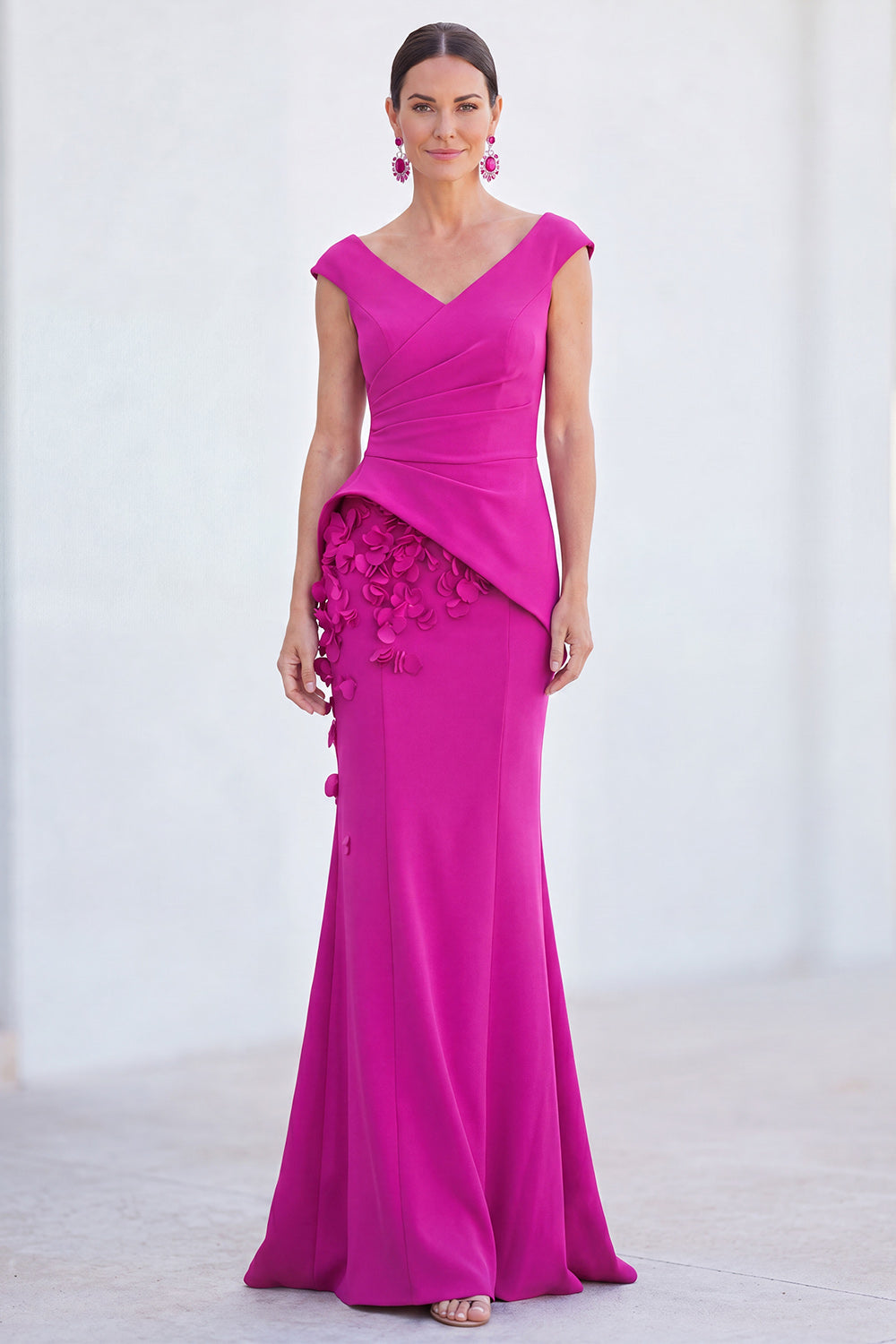 Ruched V-Neck Fuchsia Mermaid Long Mother of the Bride Dress with 3D Flowers
