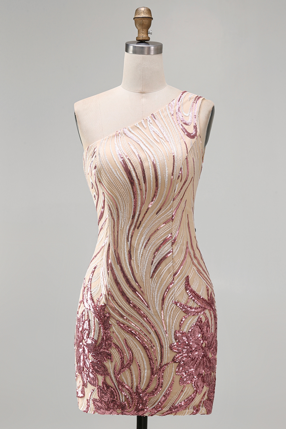 Sparkly Gold and Pink Floral Sequin Tight Short Homecoming Dress