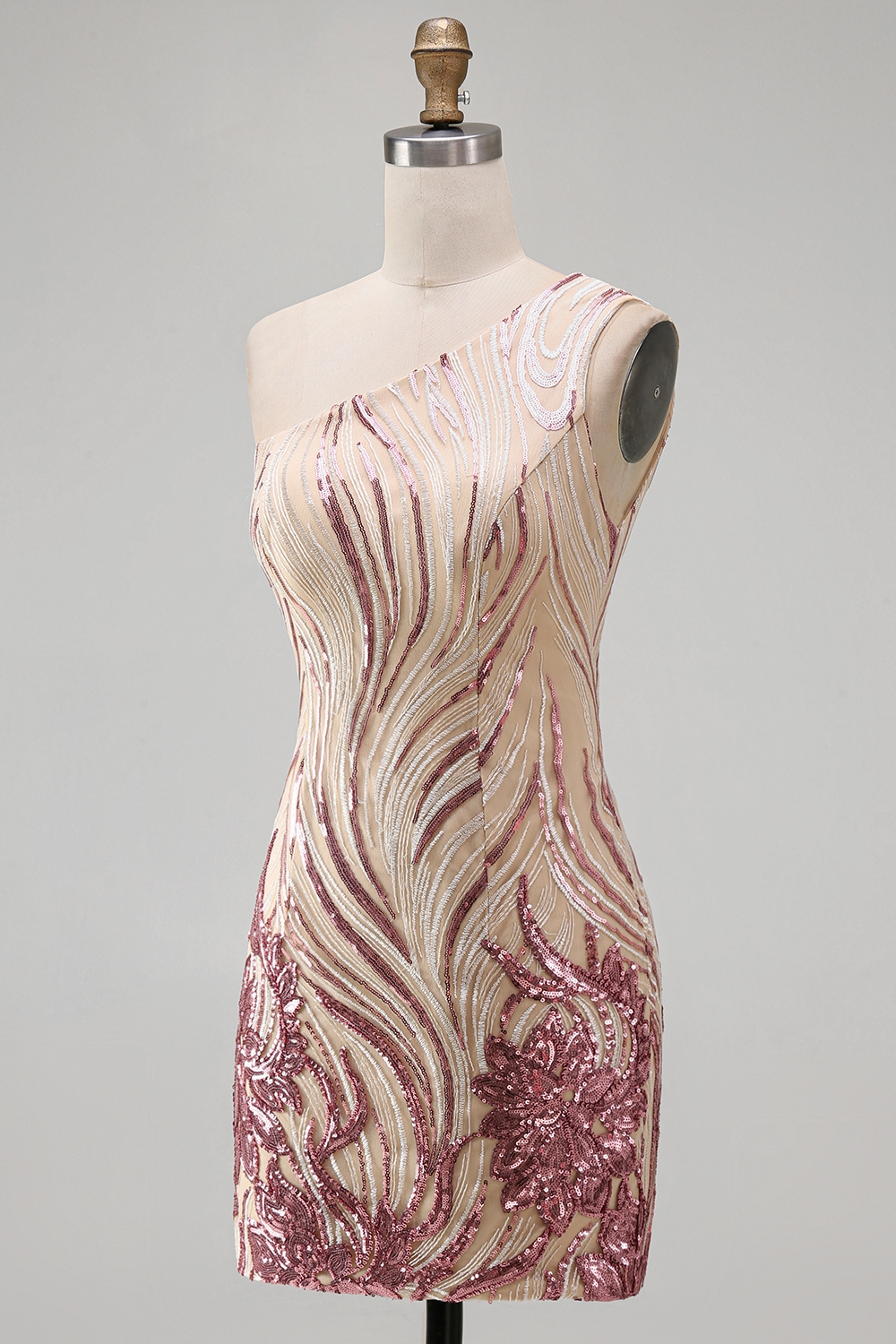 Sparkly Gold and Pink Floral Sequin Tight Short Homecoming Dress