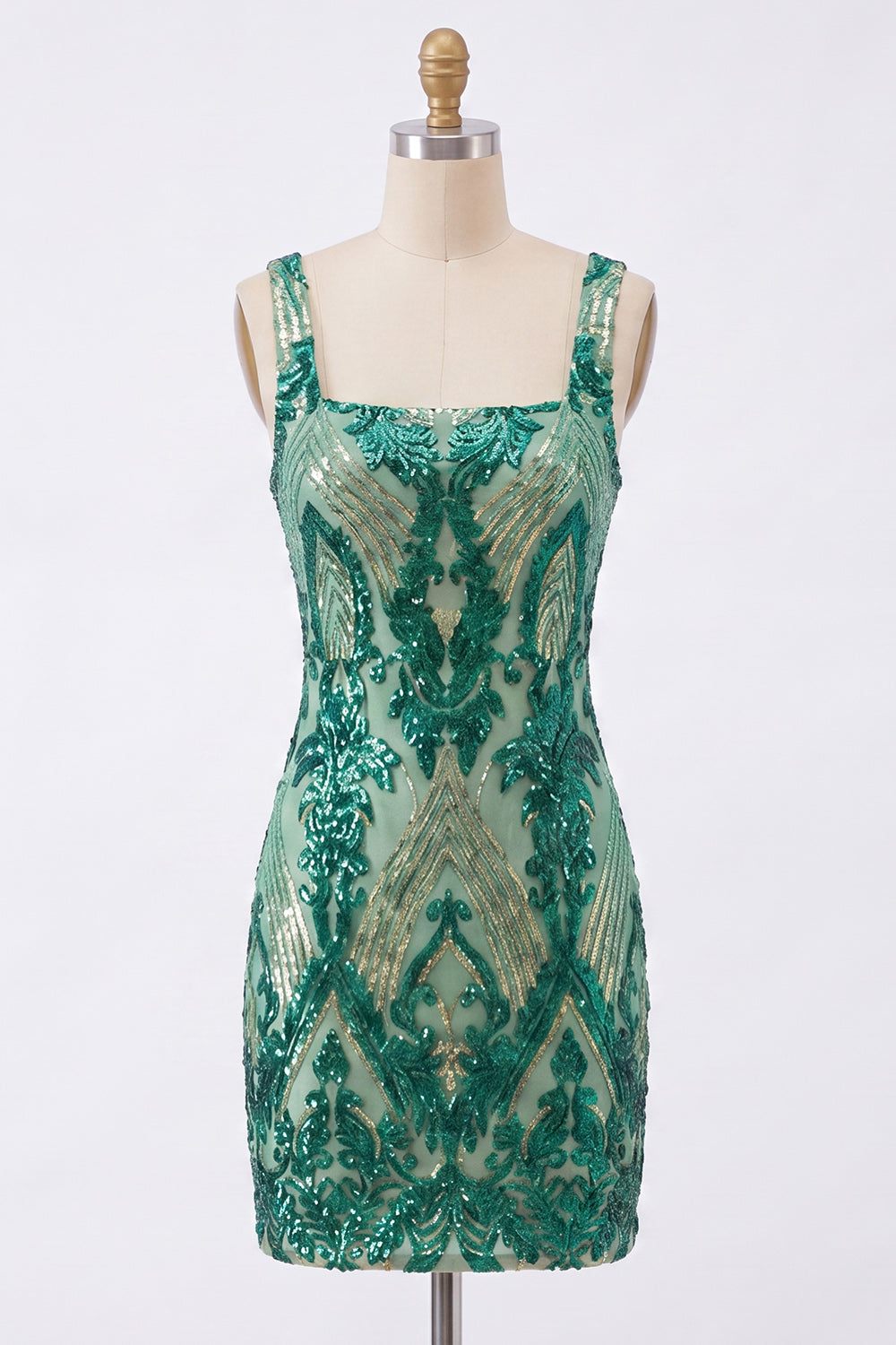 Sparkly Dark Green Sequin Tight Short Square Neck Homecoming Dress