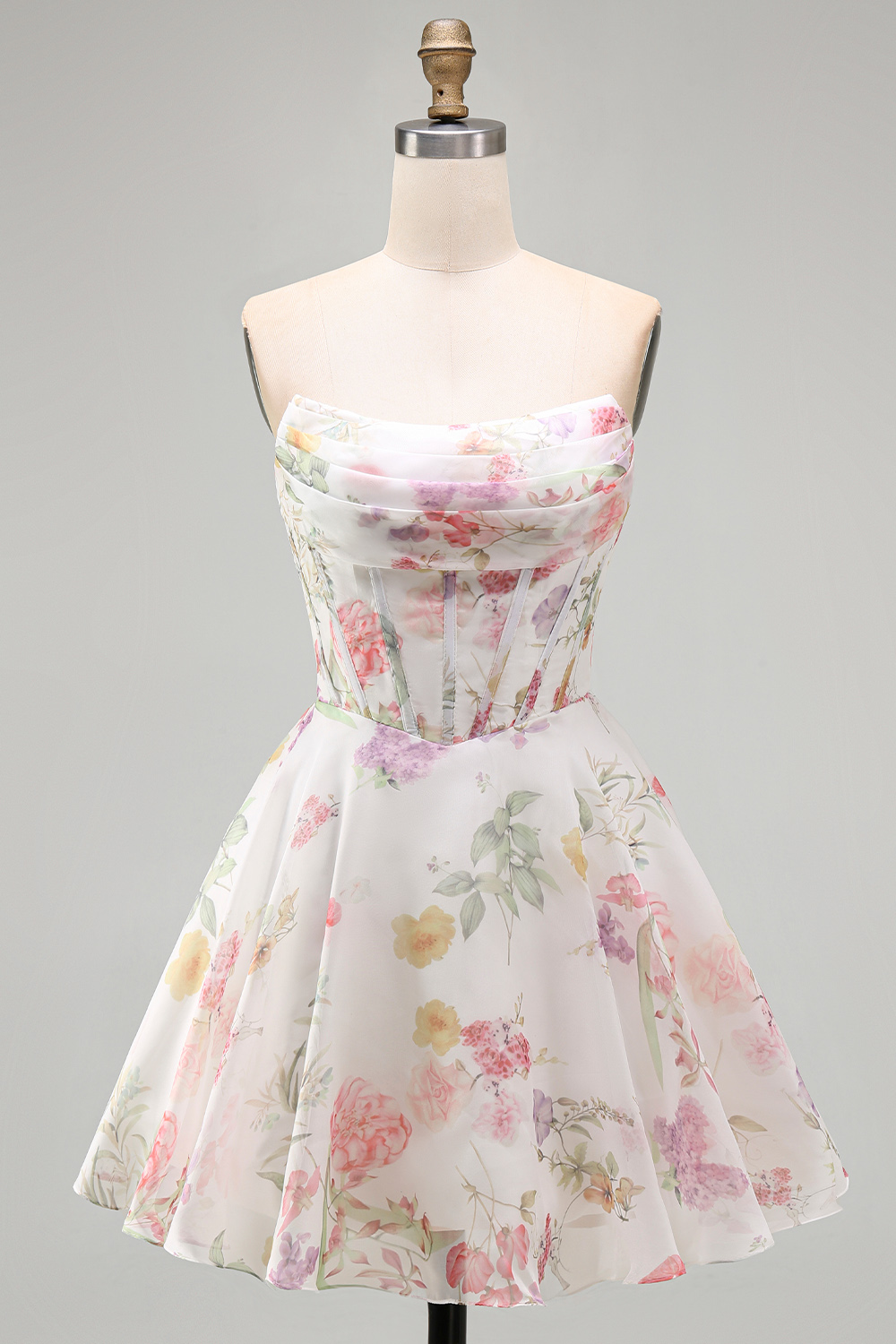 Ivory Floral Strapless Corset Short A Line Homecoming Dress