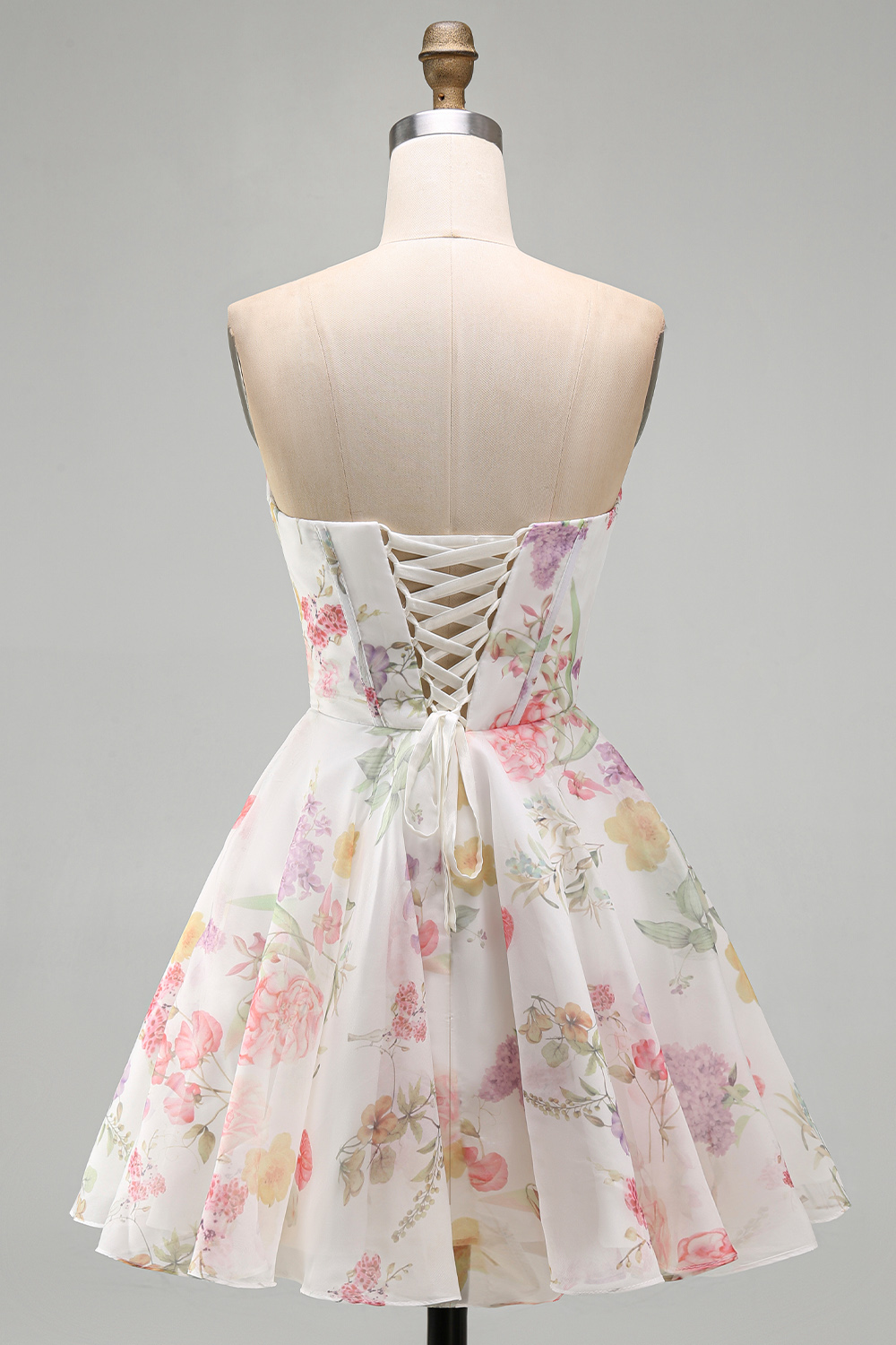 Ivory Floral Strapless Corset Short A Line Homecoming Dress