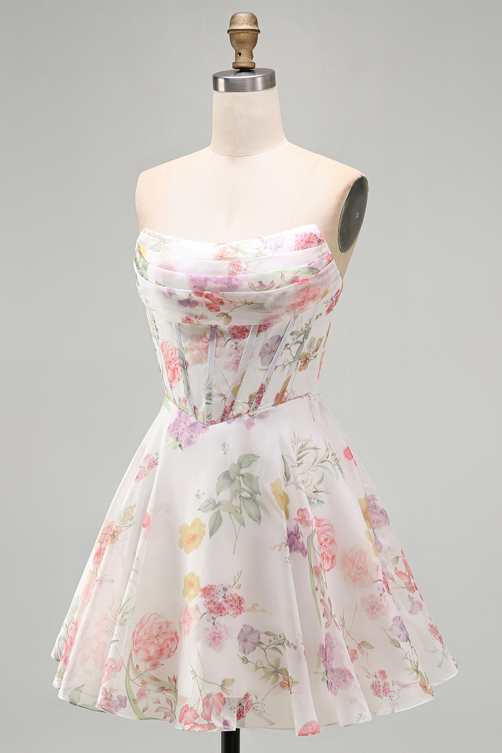 Ivory Floral Strapless Corset Short A Line Homecoming Dress