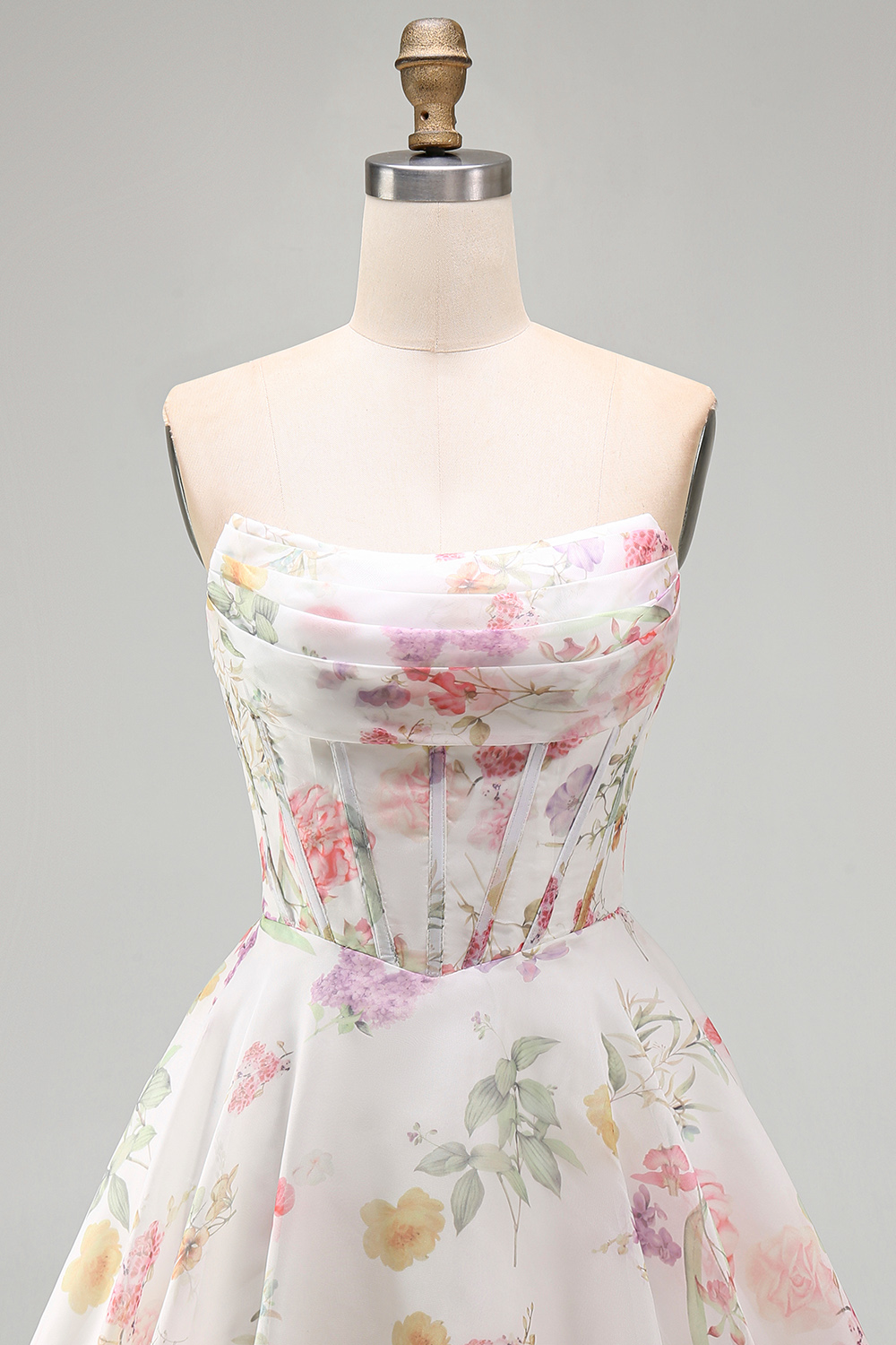 Ivory Floral Strapless Corset Short A Line Homecoming Dress