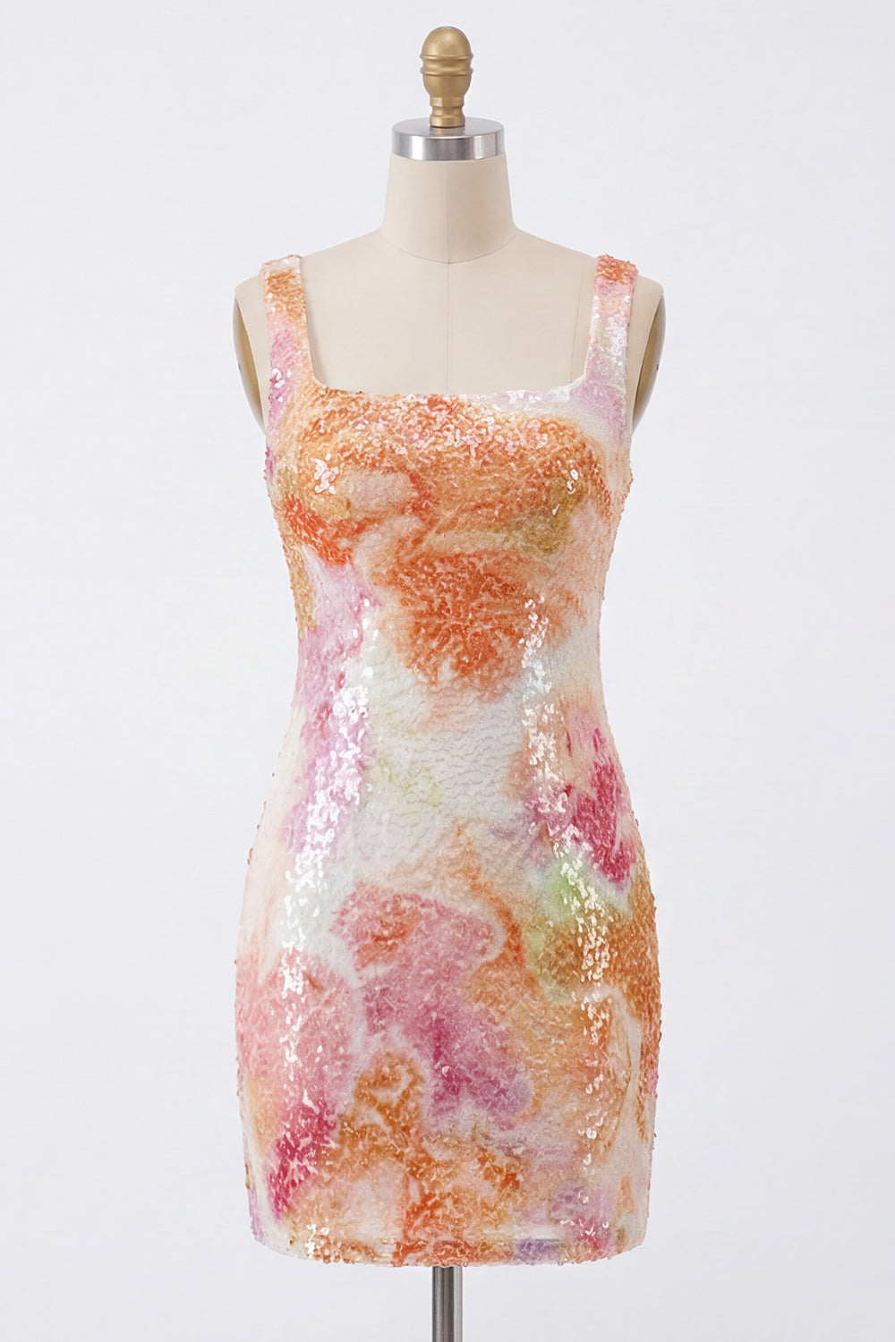 Sparkly Orange Floral Sequin Tight Short Square Neck Homecoming Dress