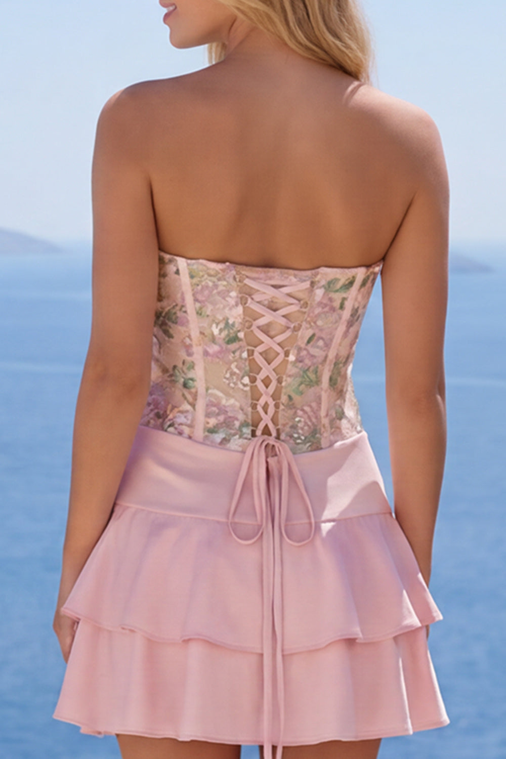 Pink Floral Short A Line Homecoming Dress with Ruffles