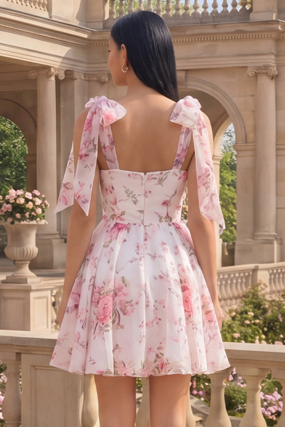 White Pink Flower A Line Short Homecoming Dress with Bows