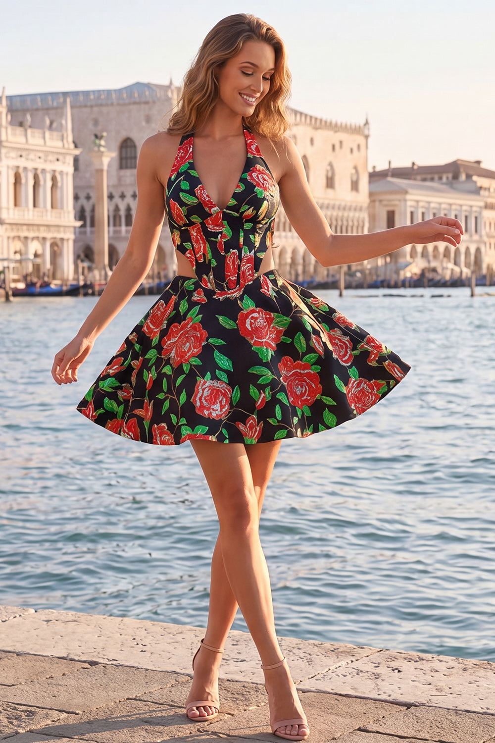 Light Blue Floral Corset Halter Neck Cut Out Short Homecoming Dress