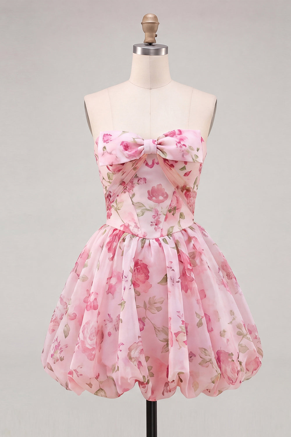 Light Blue Floral Sweetheart A Line Short Homecoming Dress with Bow