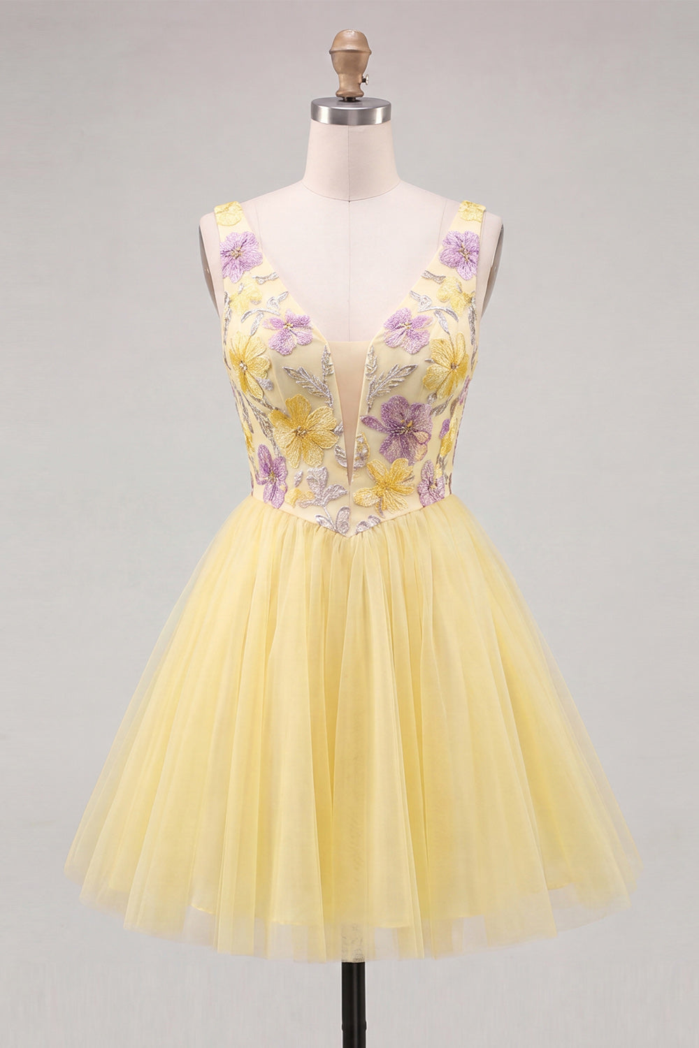 Orange Floral V-Neck A-Line Short Homecoming Dress