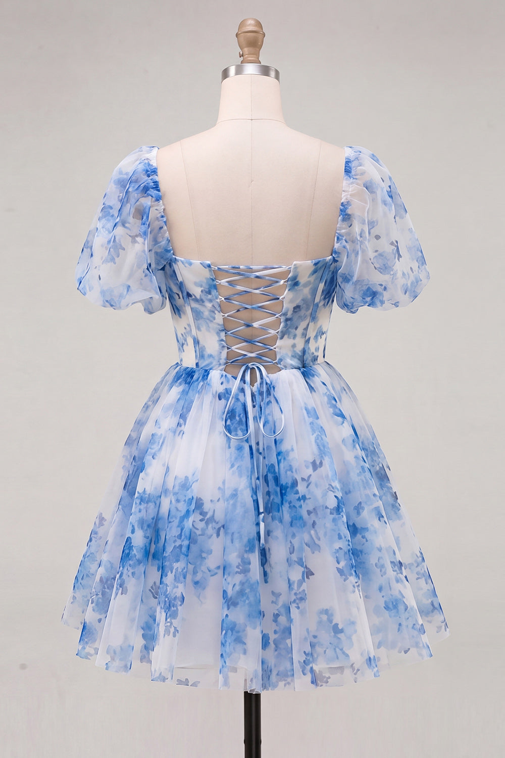 Blue Corset Floral Square Neck Short Homecoming Dress with Sleeves