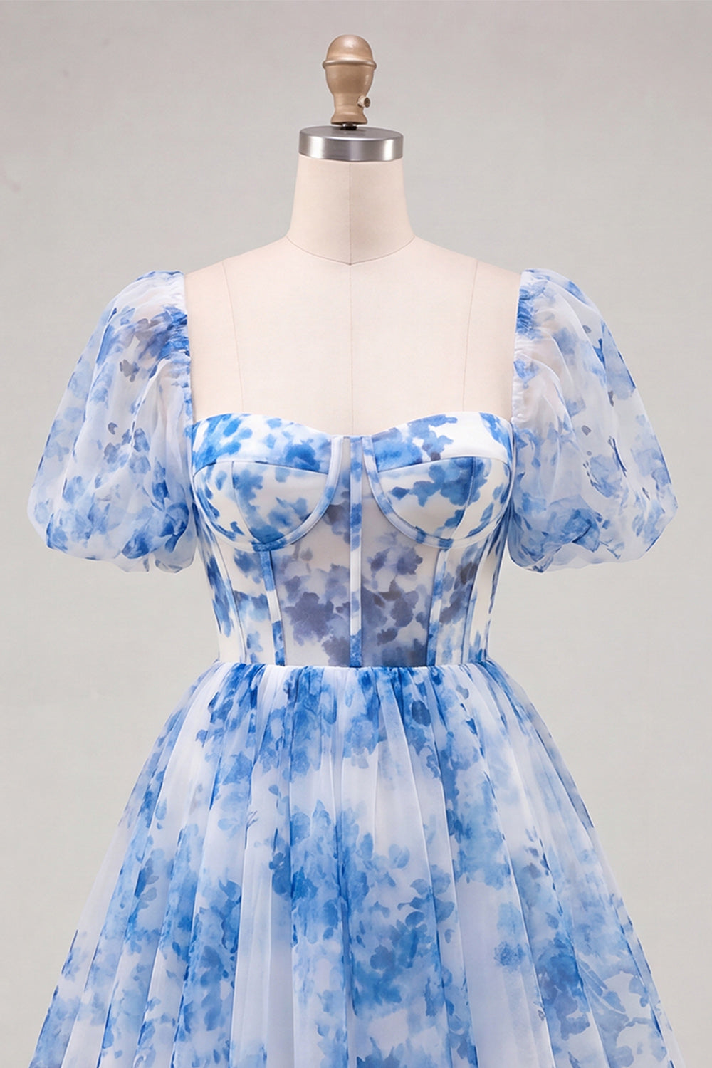 Blue Corset Floral Square Neck Short Homecoming Dress with Sleeves