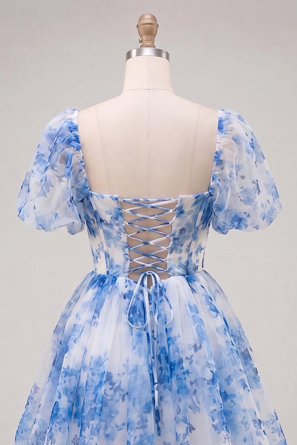 Blue Corset Floral Square Neck Short Homecoming Dress with Sleeves