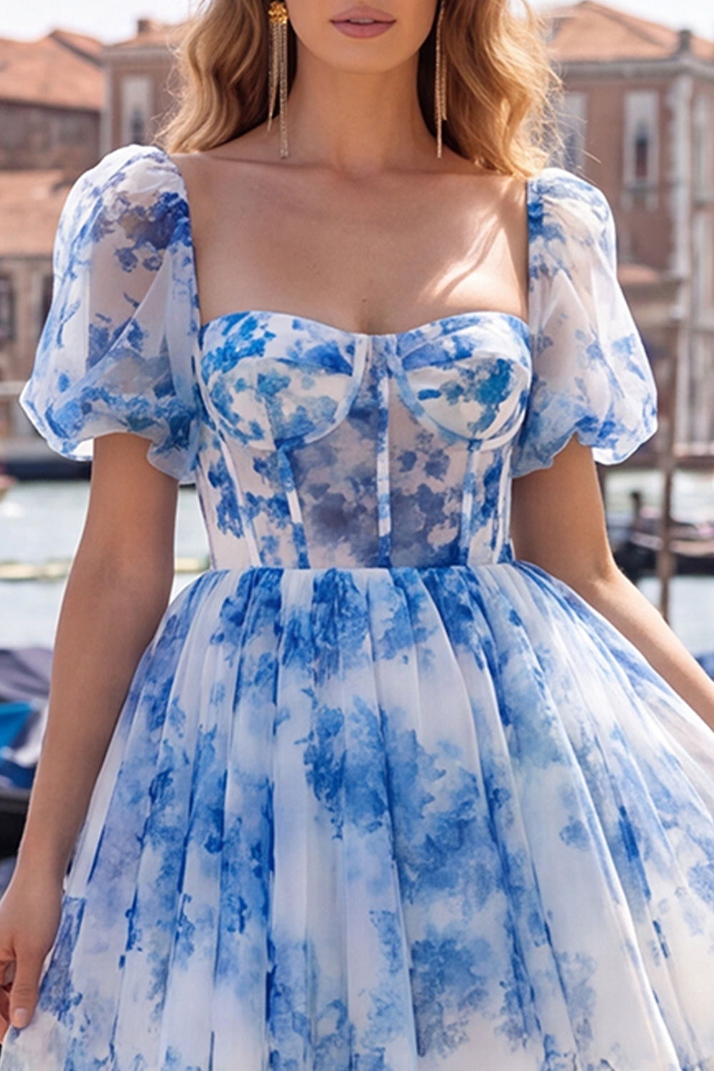 Blue Corset Floral Square Neck Short Homecoming Dress with Sleeves