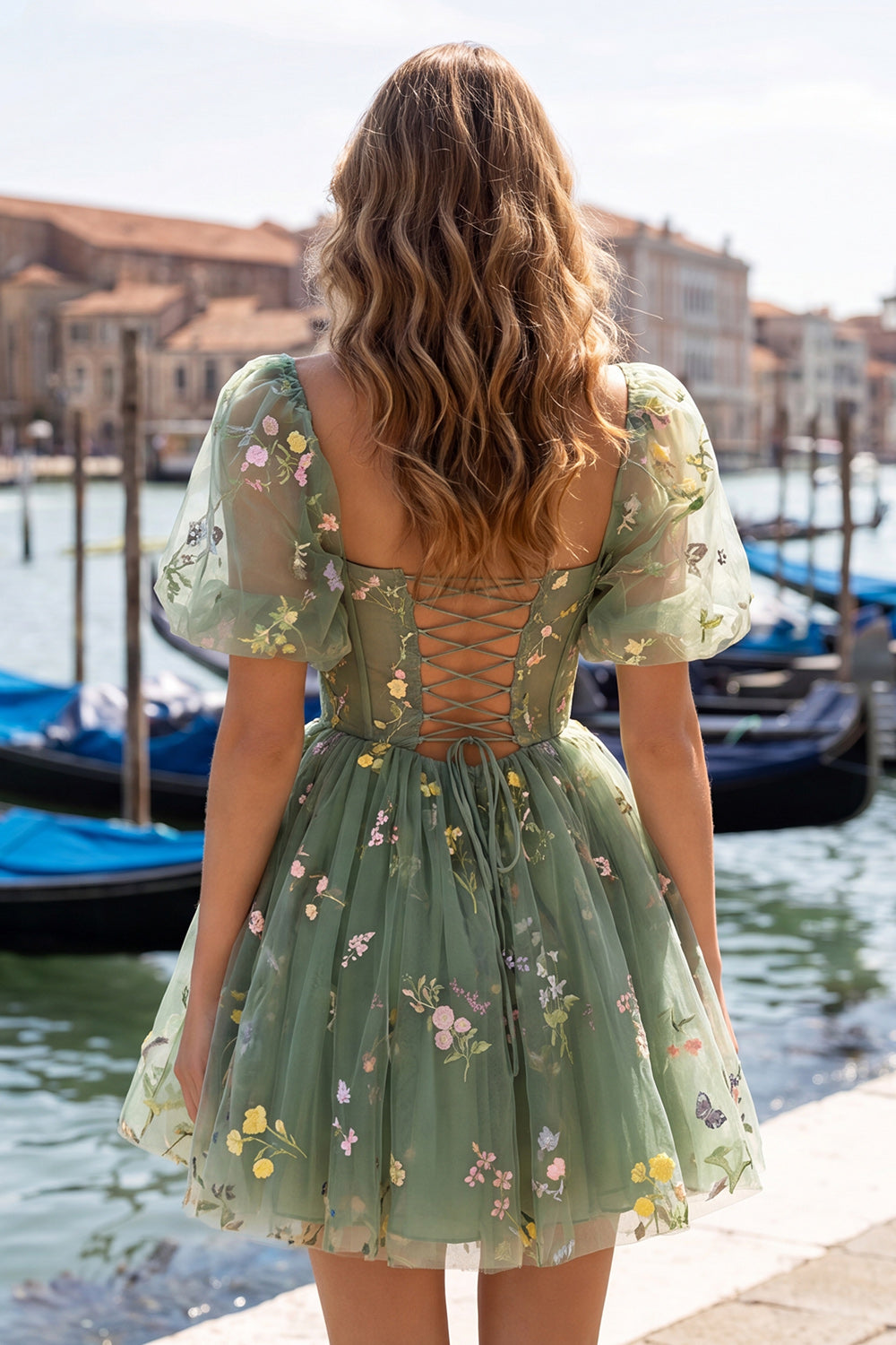 Blue Corset Floral Square Neck Short Homecoming Dress with Sleeves