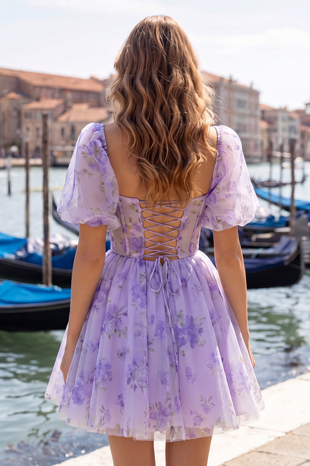 Blue Corset Floral Square Neck Short Homecoming Dress with Sleeves