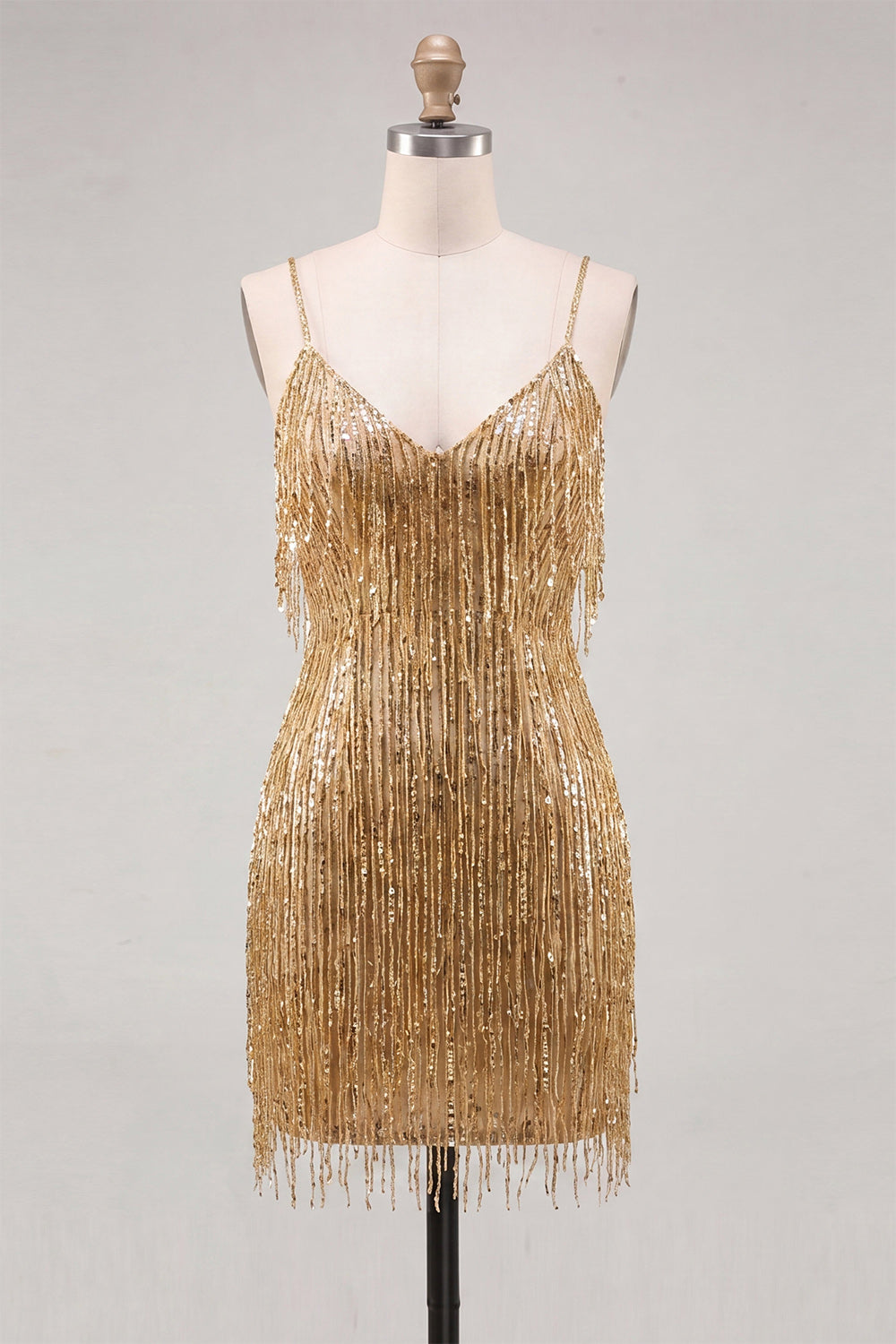 Sparkly Gold V-Neck Fringed Tight Short Homecoming Dress