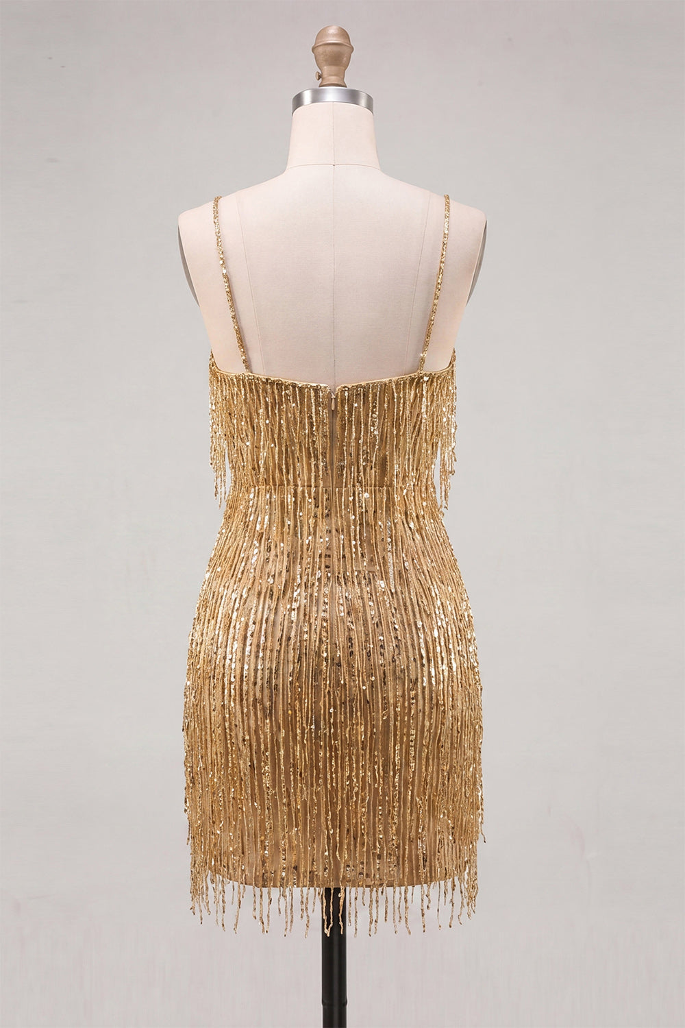 Sparkly Gold V-Neck Fringed Tight Short Homecoming Dress