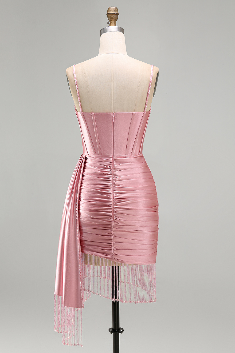 Sparkly Pink Fringed Satin Beaded Tight Short Corset Homecoming Dress