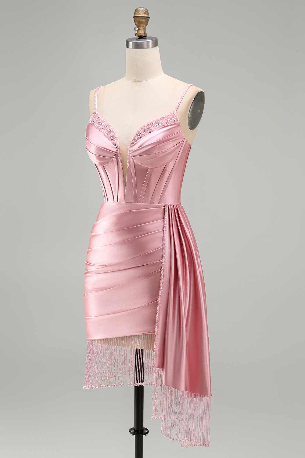 Sparkly Pink Fringed Satin Beaded Tight Short Corset Homecoming Dress