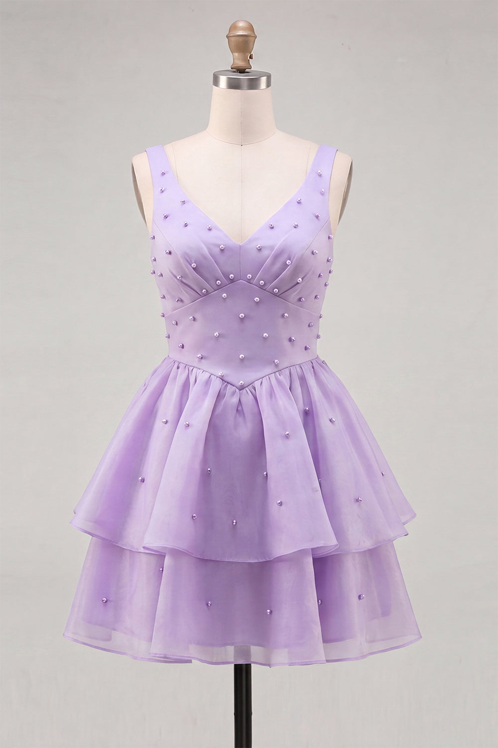 Pink Beaded V-Neck Short A Line Ruffled Homecoming Dress