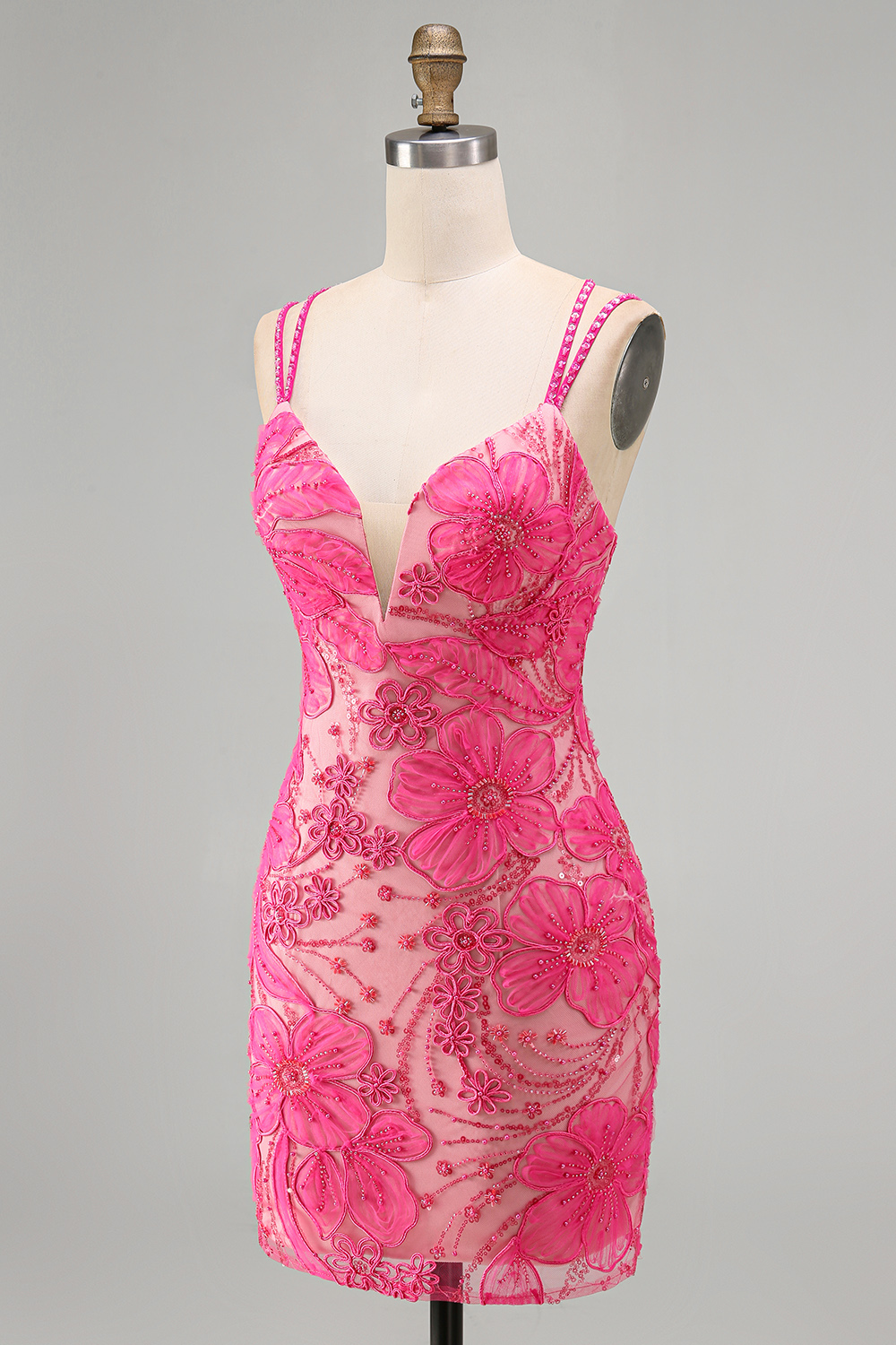 Floral Navy Spaghetti Straps Beaded Tight Short Homecoming Dress