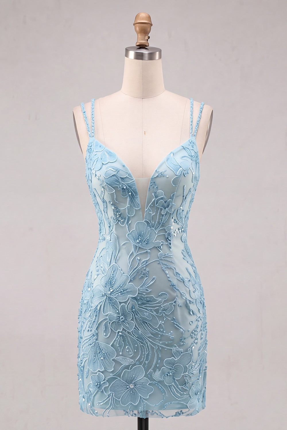 Floral Navy Spaghetti Straps Beaded Tight Short Homecoming Dress