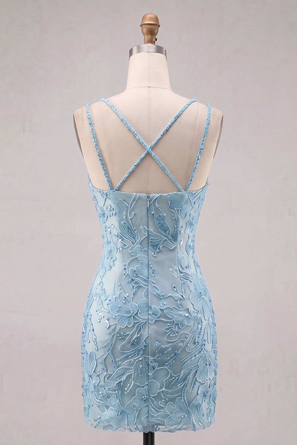 Floral Navy Spaghetti Straps Beaded Tight Short Homecoming Dress