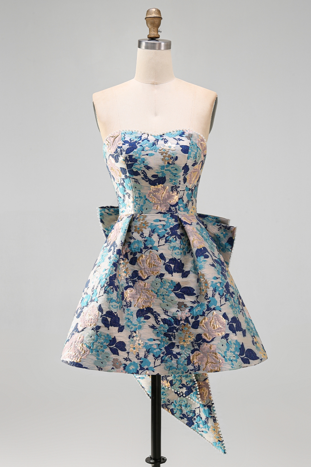 Blue Flower Jacquard Short A-Line Homecoming Dress with Bow
