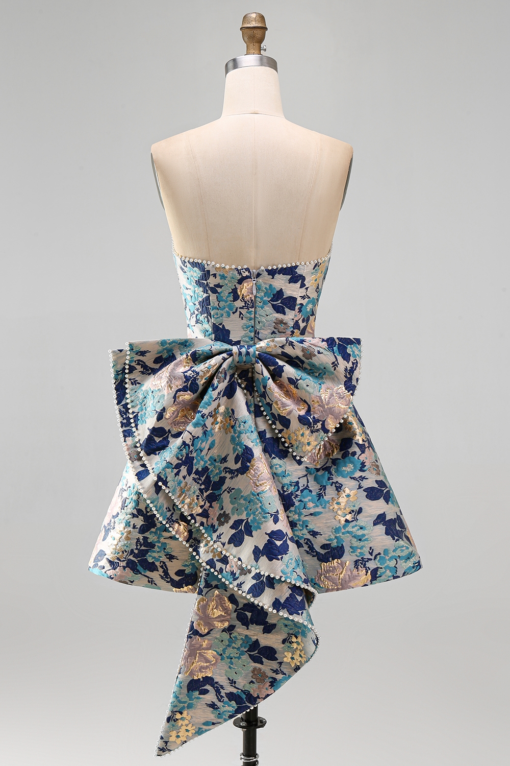 Blue Flower Jacquard Short A-Line Homecoming Dress with Bow