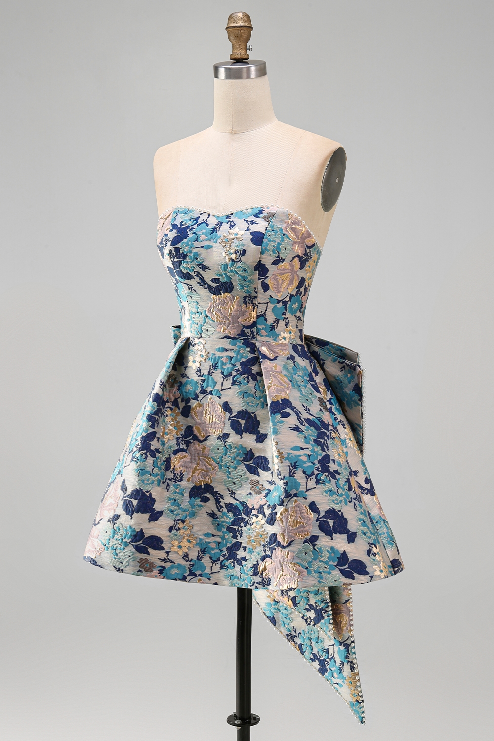 Blue Flower Jacquard Short A-Line Homecoming Dress with Bow