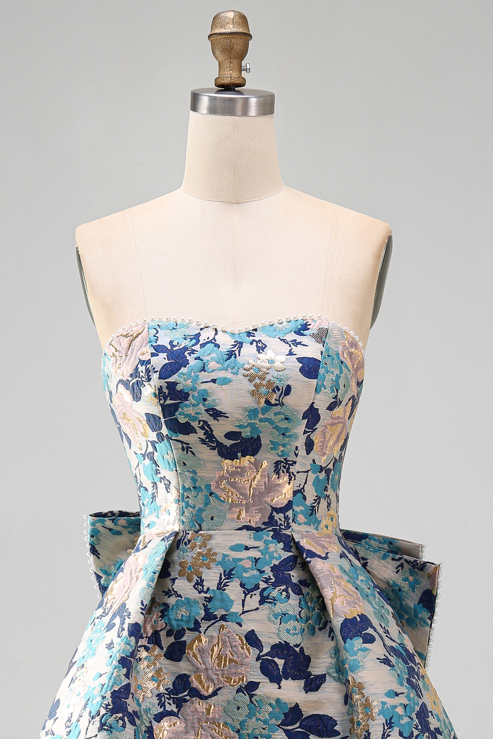 Blue Flower Jacquard Short A-Line Homecoming Dress with Bow