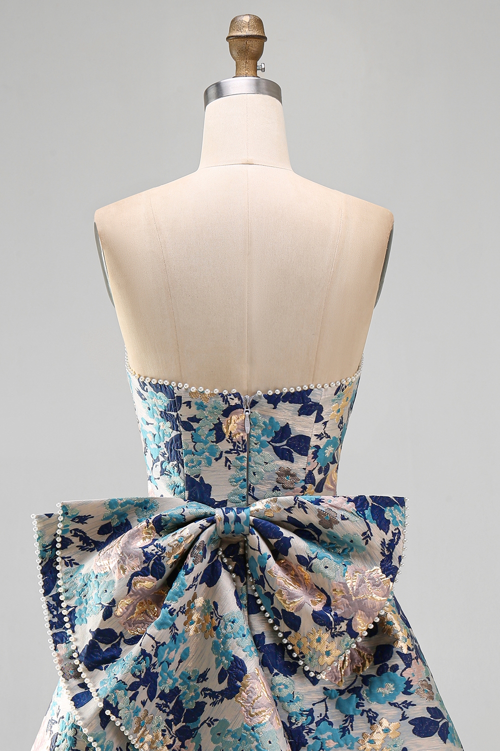 Blue Flower Jacquard Short A-Line Homecoming Dress with Bow