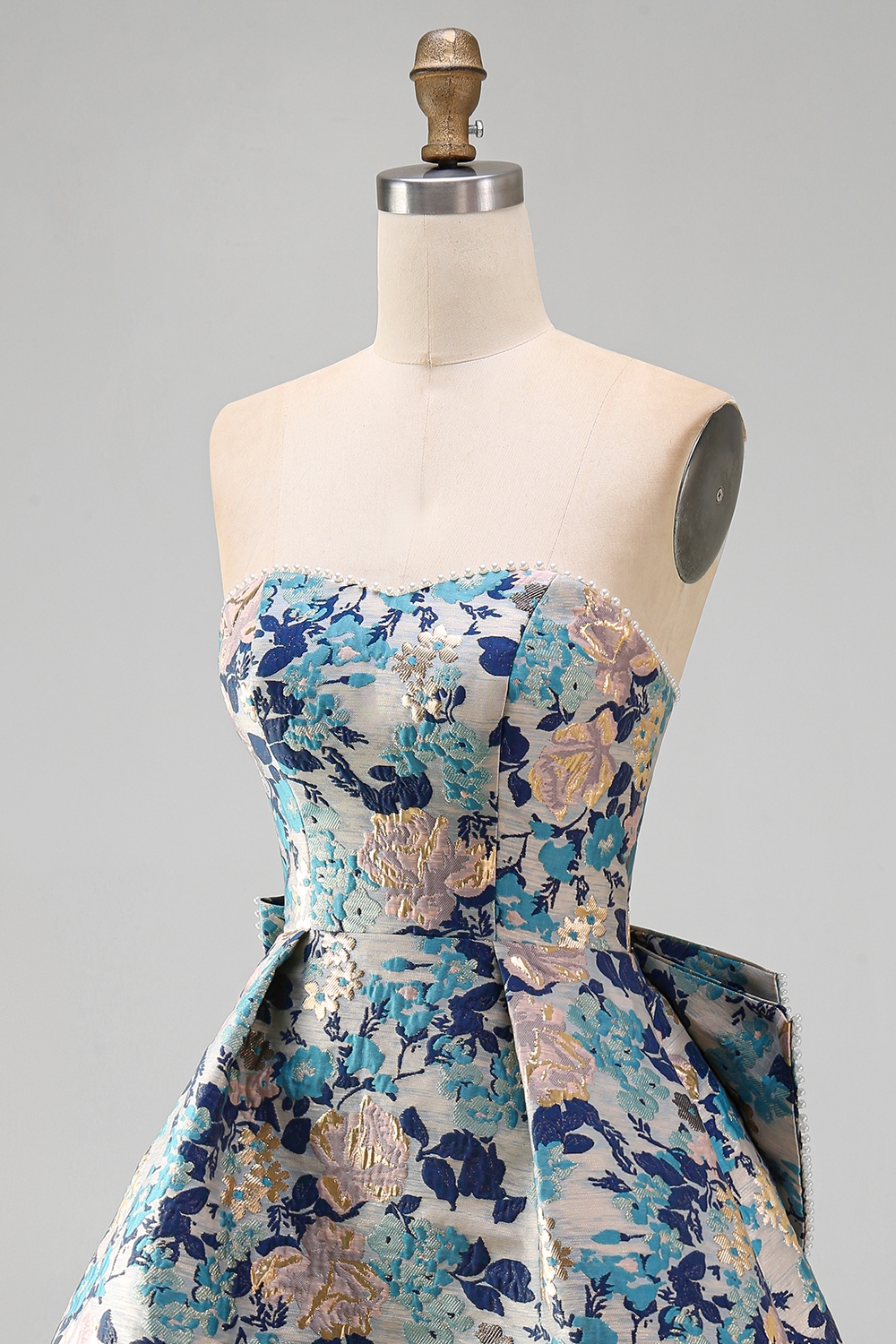 Blue Flower Jacquard Short A-Line Homecoming Dress with Bow