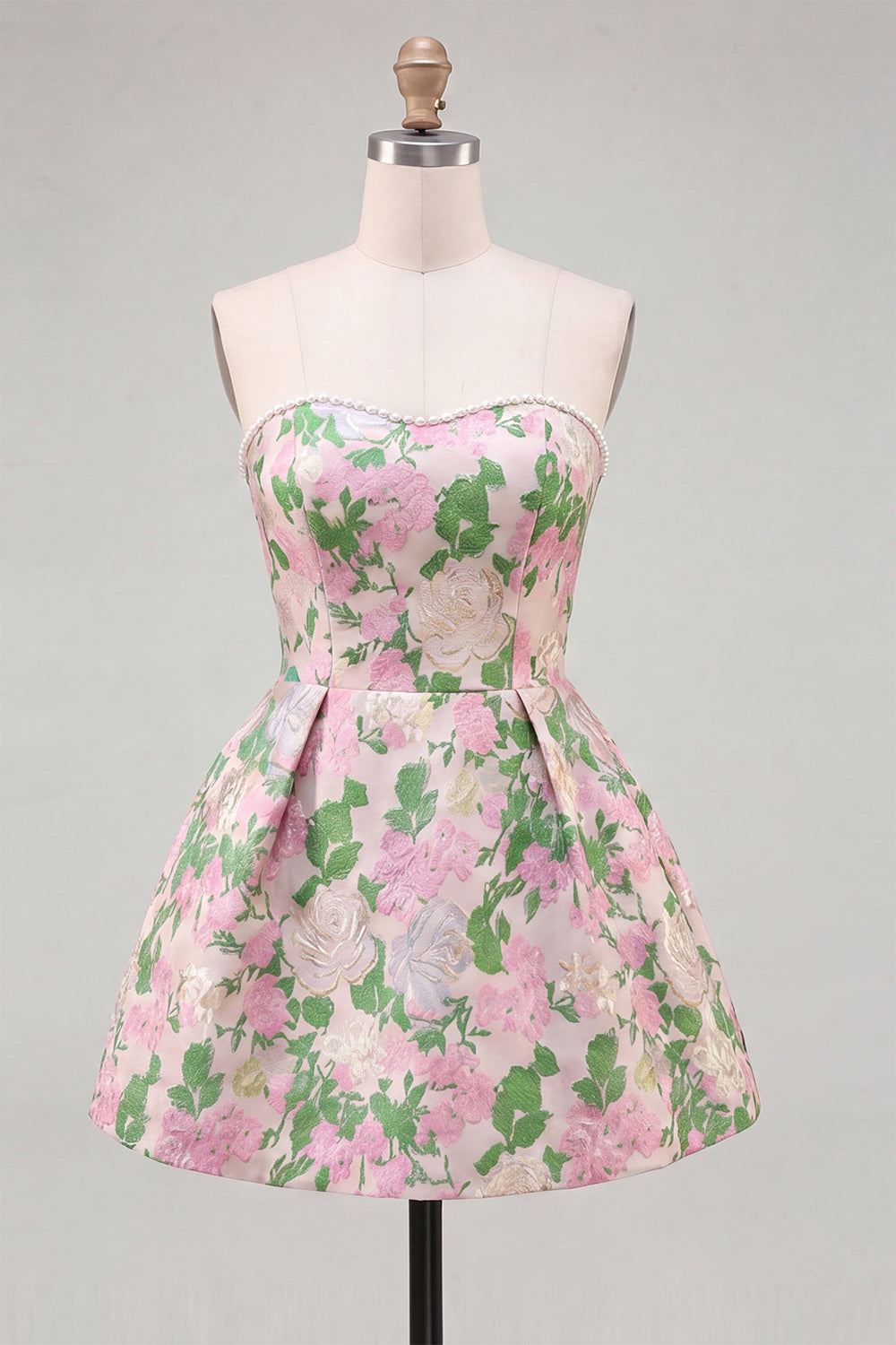 Blue Flower Jacquard Short A-Line Homecoming Dress with Bow