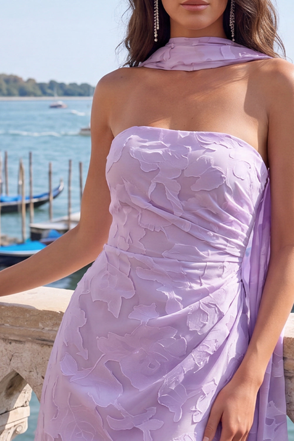 Floral Lilac Ruched Tight Short Homecoming Dress with Neck Scarf