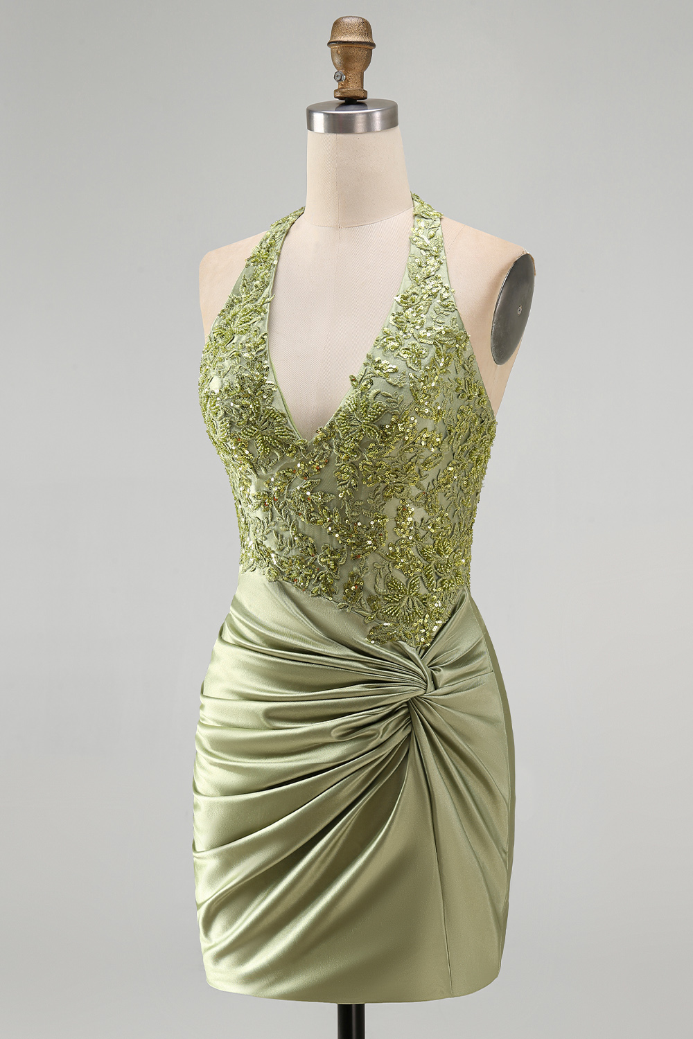 Army Green Ruched Appliqued Halter Tight Corset Short Homecoming Dress